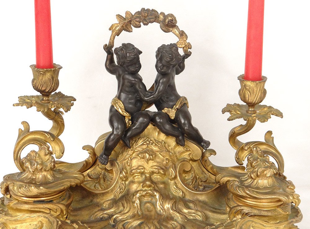 Encrier Louis XV Rocaille Bougeoirs Bronze Angelots Personnage 41cm XVIIIè-photo-2