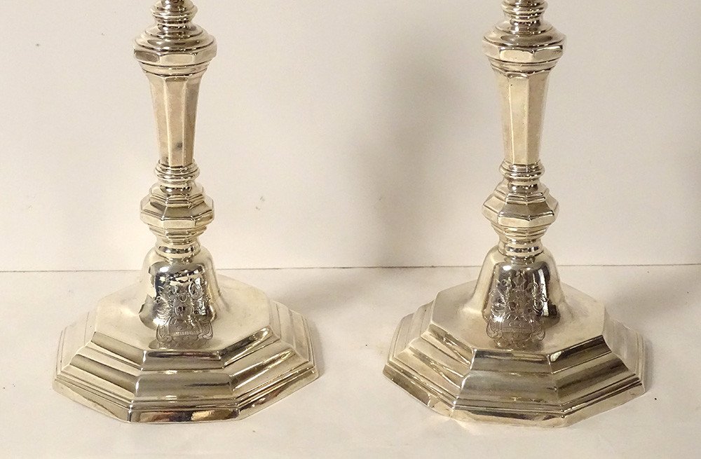 Pair Of Silver Candlesticks Farmers General Laval André Lasnier Coat Of Arms 18th-photo-3