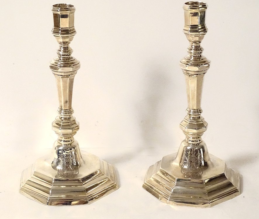 Pair Of Silver Candlesticks Farmers General Laval André Lasnier Coat Of Arms 18th