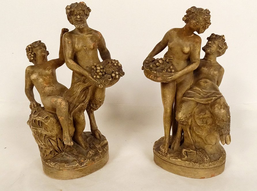 Pair Terracotta Sculptures Clodion Satyrs Fauns Nymphs Bacchantes 19th Century