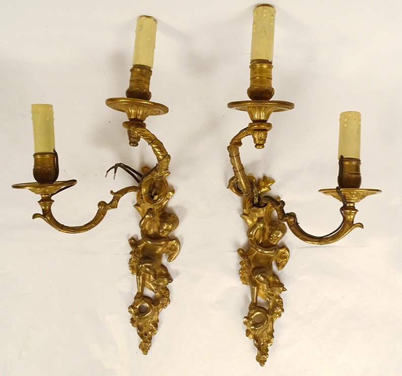Pair Of Wall Lamps 2 Arms Light Regency Gilt Bronze Putti Cherubs XVIIIth