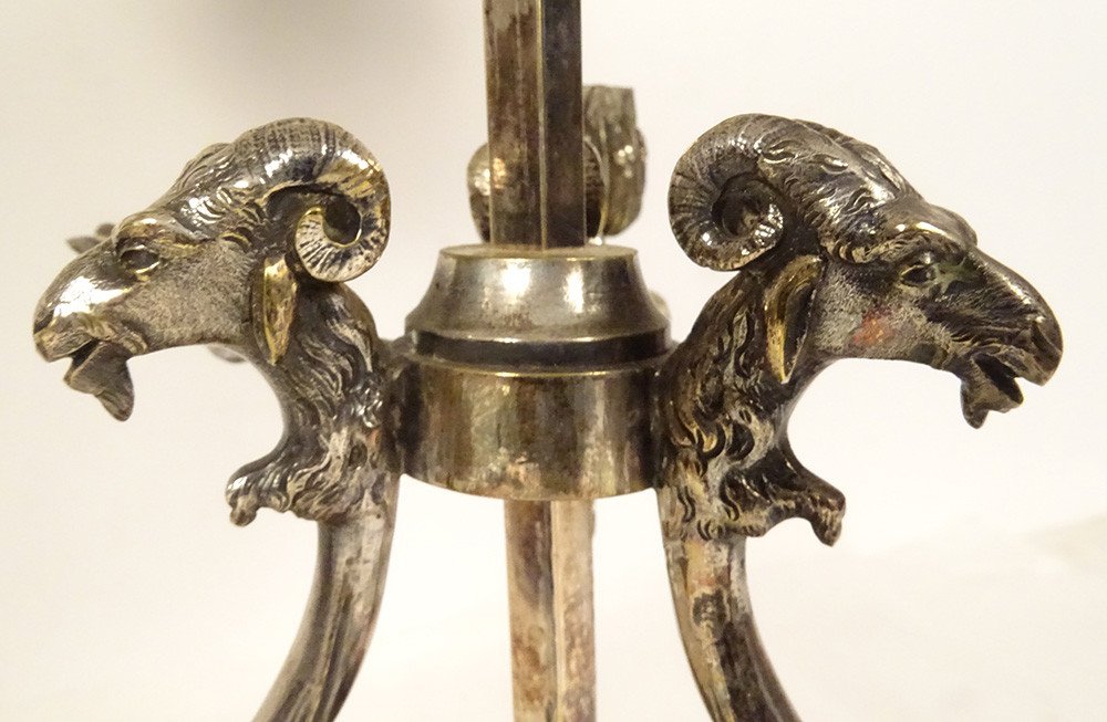 Hot Water Bottle Lamp 3 Lights Silver Bronze Rams Heads Goats Palmettes 19th Century-photo-4