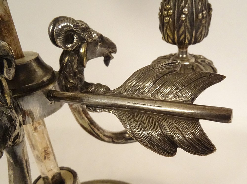 Hot Water Bottle Lamp 3 Lights Silver Bronze Rams Heads Goats Palmettes 19th Century-photo-1