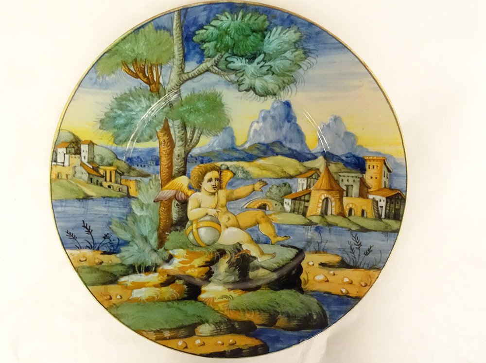 3 Italian Majolica Plates Cantagalli Florence Cherubs 19th Century Landscape-photo-2