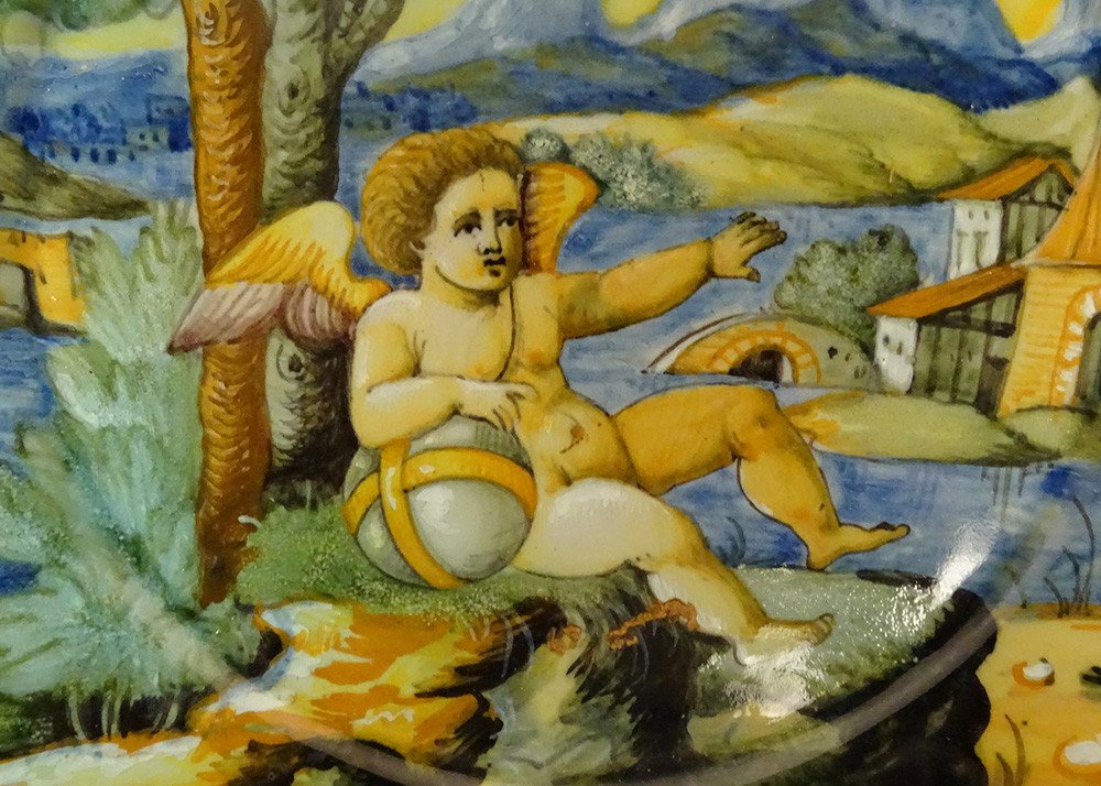 3 Italian Majolica Plates Cantagalli Florence Cherubs 19th Century Landscape-photo-3