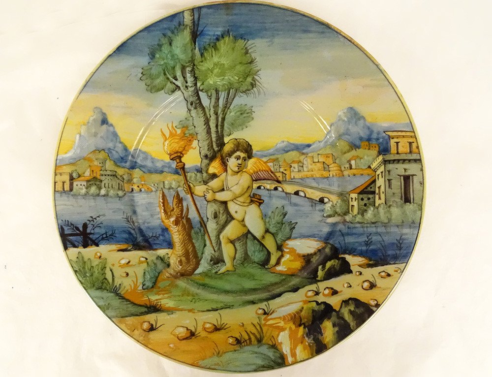 3 Italian Majolica Plates Cantagalli Florence Cherubs 19th Century Landscape-photo-6