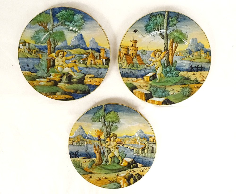 3 Italian Majolica Plates Cantagalli Florence Cherubs 19th Century Landscape