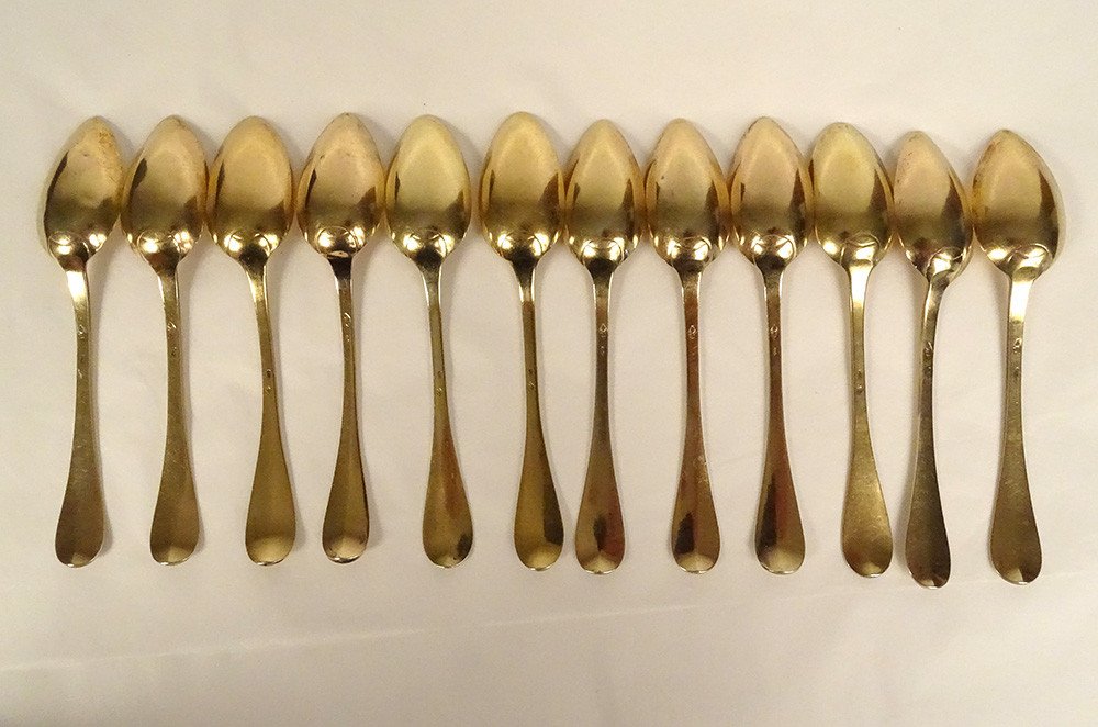 12 Small Spoons Silver Vermeil Leather Case 221gr Directoire Late 18th Century-photo-3