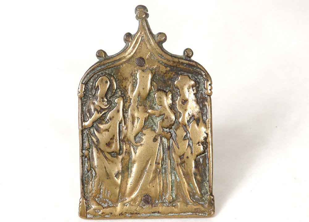 Bas-relief Plaque Kiss Peace Osculatory Bronze Virgin Child Jesus XVth-photo-2