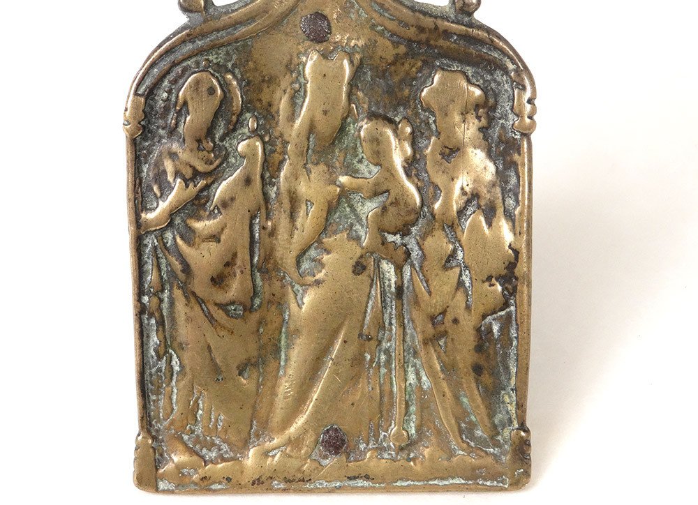 Bas-relief Plaque Kiss Peace Osculatory Bronze Virgin Child Jesus XVth-photo-4