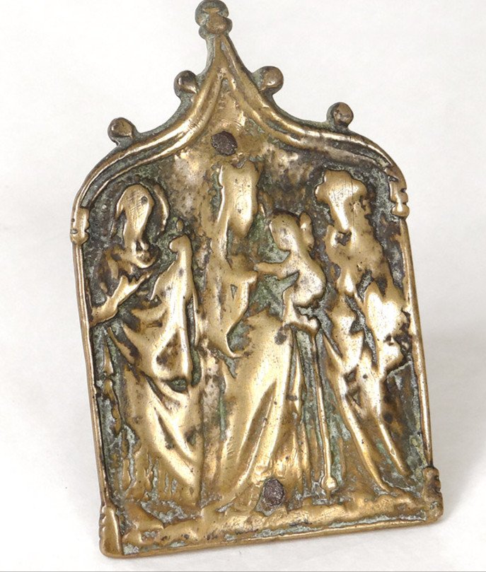 Bas-relief Plaque Kiss Peace Osculatory Bronze Virgin Child Jesus XVth