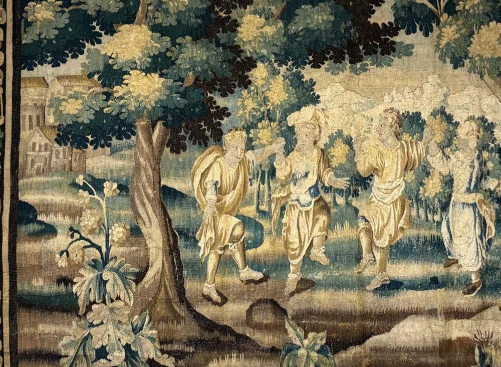 Grande Tapisserie Aubusson Personnages Danse Paysage Château Blason XVIIème-photo-2