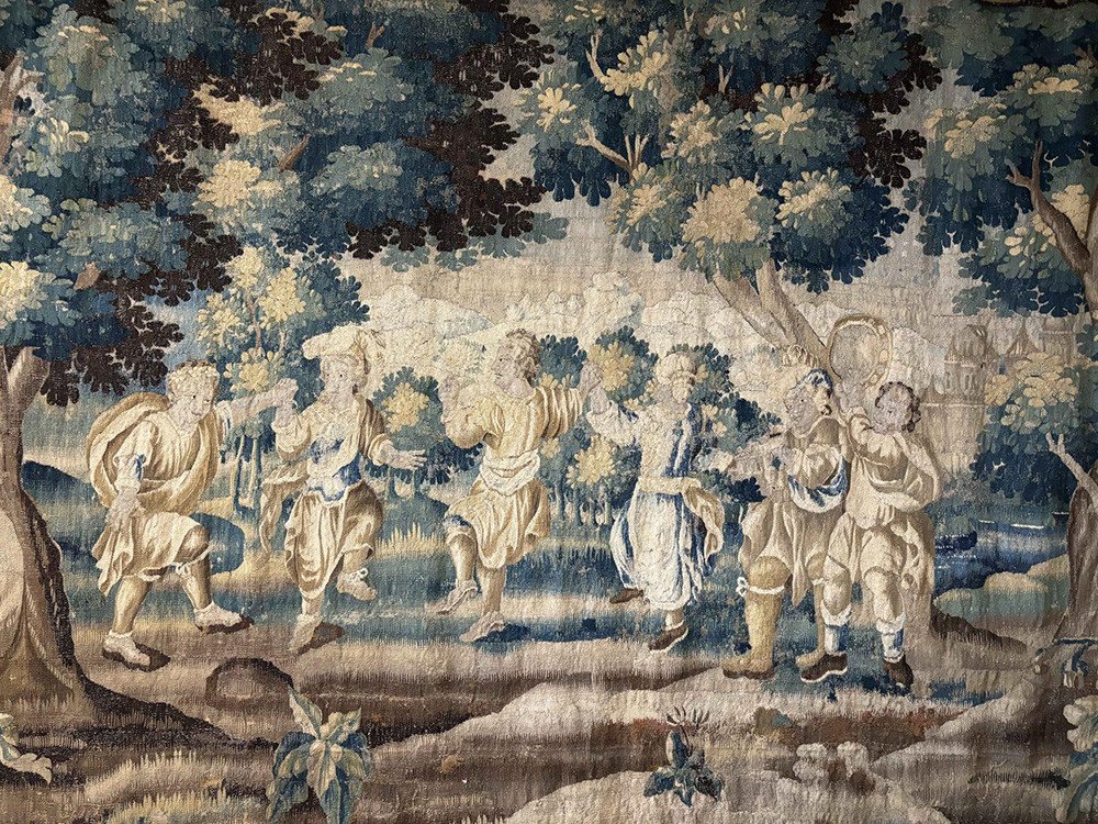 Grande Tapisserie Aubusson Personnages Danse Paysage Château Blason XVIIème-photo-3