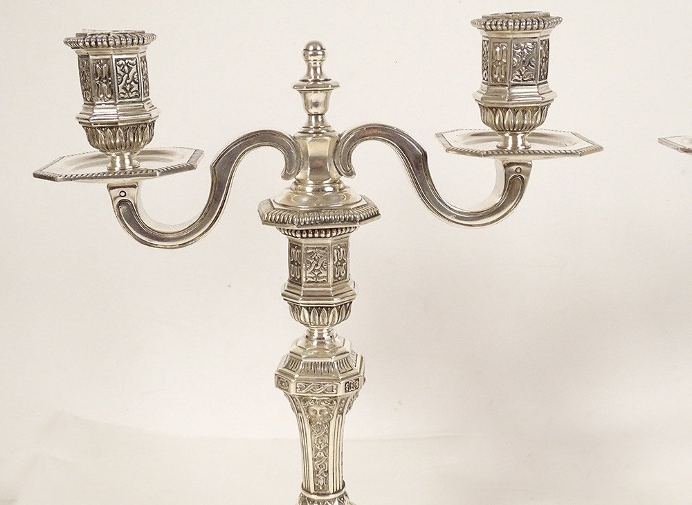 Pair Of 2-light Louis XIV Candelabras In Christofle Dupérier Silver-plated Metal, 20th Century-photo-2