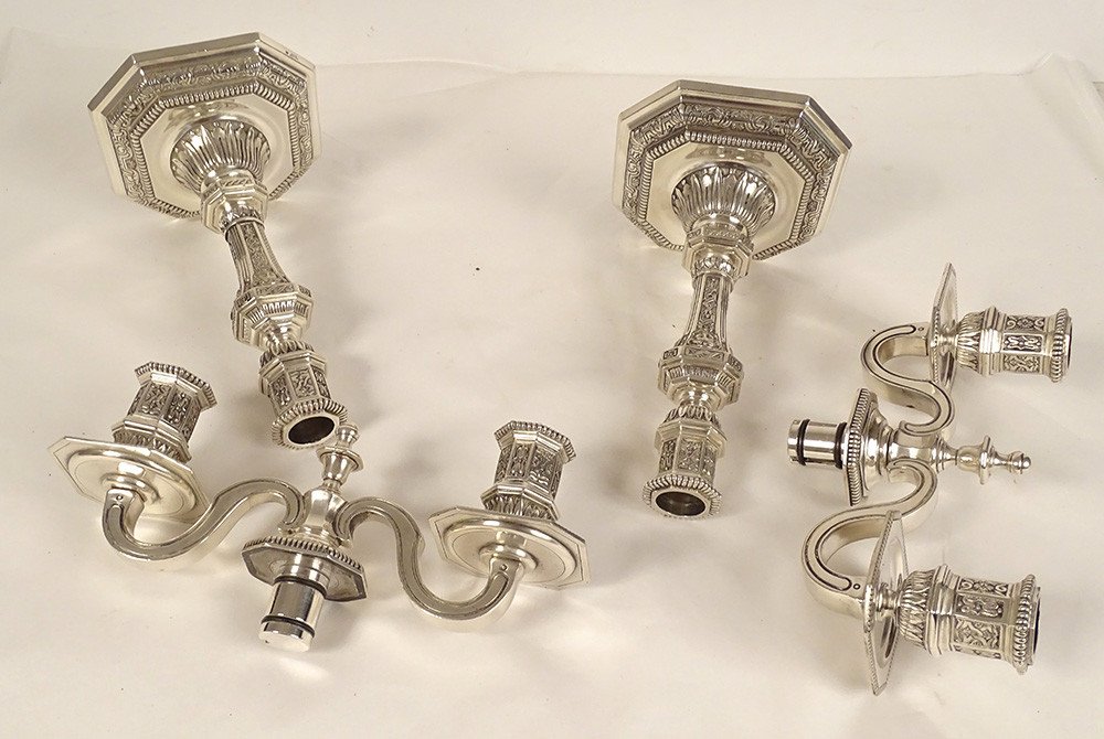 Pair Of 2-light Louis XIV Candelabras In Christofle Dupérier Silver-plated Metal, 20th Century-photo-6