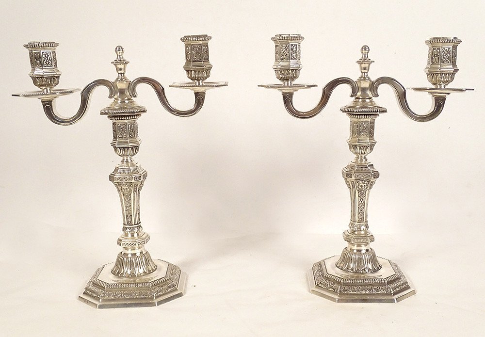 Pair Of 2-light Louis XIV Candelabras In Christofle Dupérier Silver-plated Metal, 20th Century