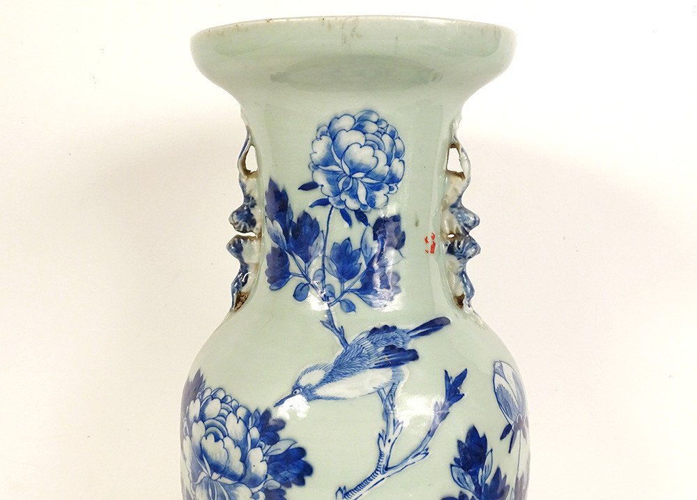 Baluster Vase Porcelain China White-blue Green Celadon Bird Peonies 20th Century-photo-2