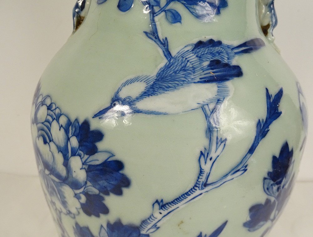 Baluster Vase Porcelain China White-blue Green Celadon Bird Peonies 20th Century-photo-1