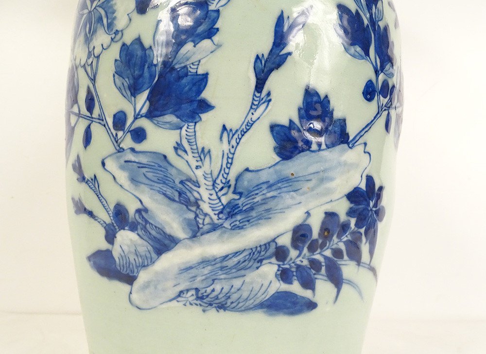 Baluster Vase Porcelain China White-blue Green Celadon Bird Peonies 20th Century-photo-2