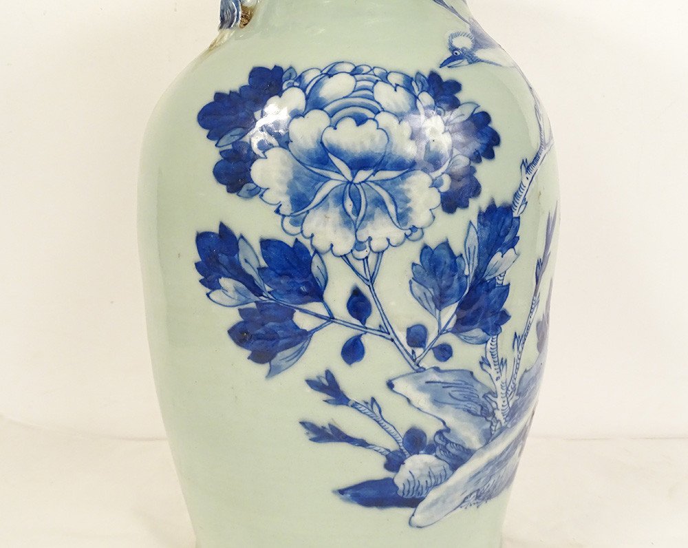 Baluster Vase Porcelain China White-blue Green Celadon Bird Peonies 20th Century-photo-3