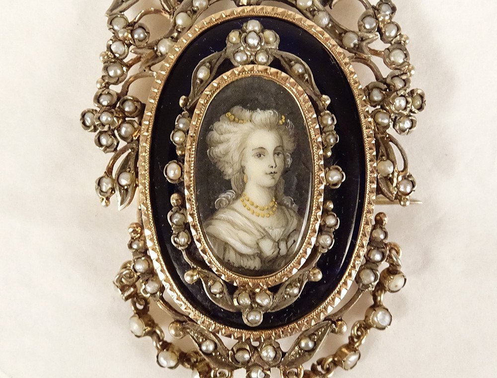 Miniature Brooch Silver Enamel Fine Pearls Portrait Young Woman Knot XIXth-photo-2