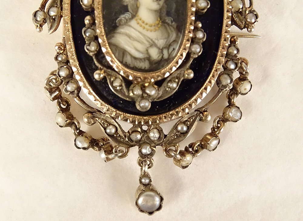 Miniature Brooch Silver Enamel Fine Pearls Portrait Young Woman Knot XIXth-photo-4