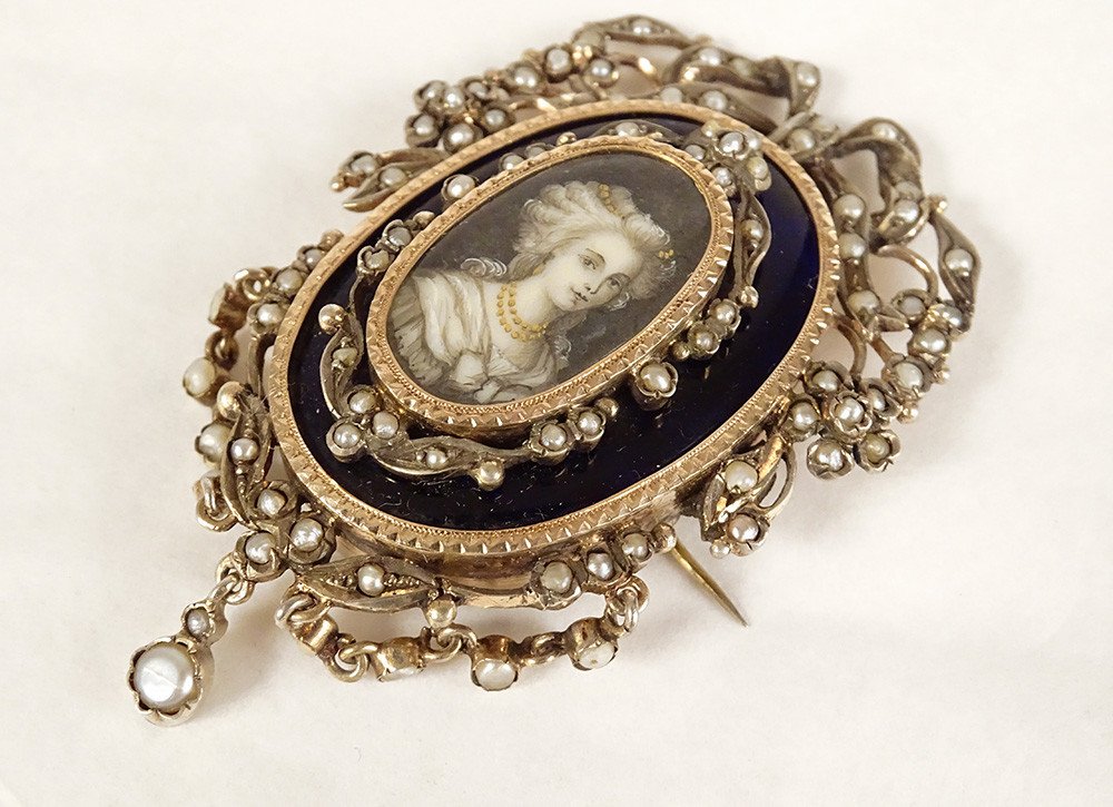 Broche Miniature Argent émail Perles Fines Portrait Jeune Femme Noeud XIXè-photo-3