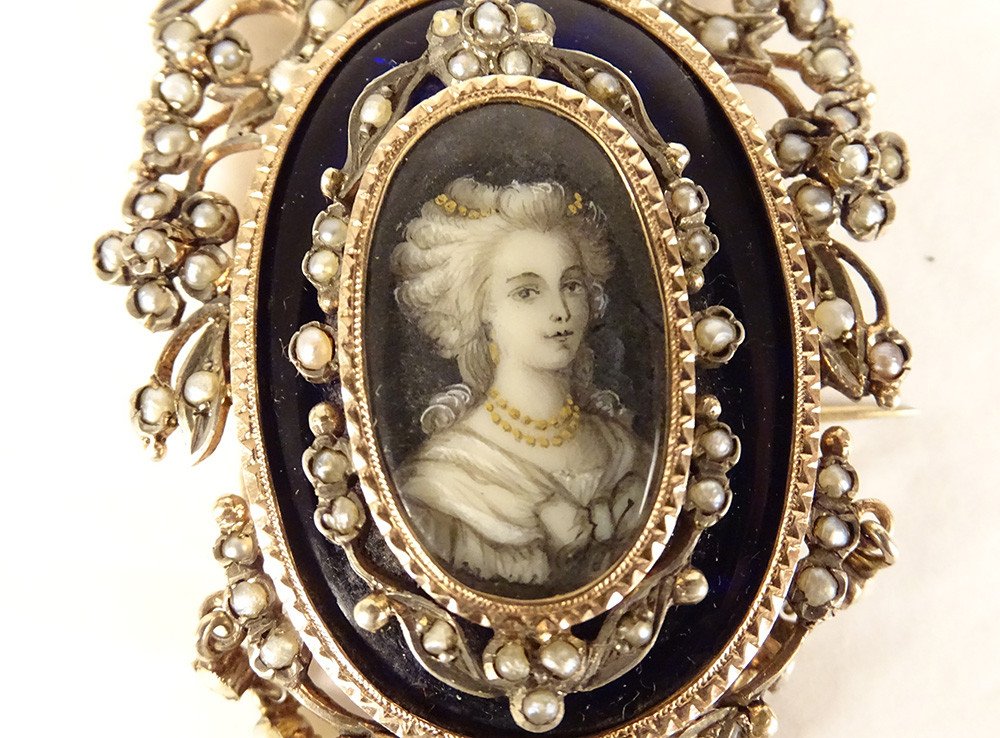 Miniature Brooch Silver Enamel Fine Pearls Portrait Young Woman Knot XIXth-photo-4