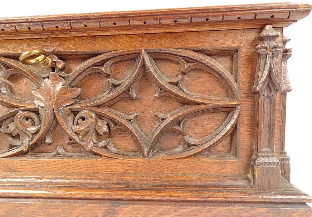 Gothic Carved Wood Box Coat Of Arms Of Vernou De Bonneuil 19th Century-photo-3