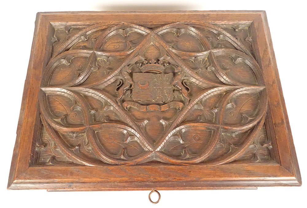 Gothic Carved Wood Box Coat Of Arms Of Vernou De Bonneuil 19th Century-photo-4