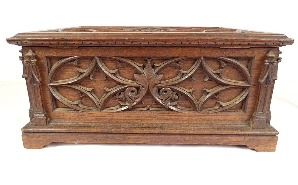 Gothic Carved Wood Box Coat Of Arms Of Vernou De Bonneuil 19th Century-photo-6