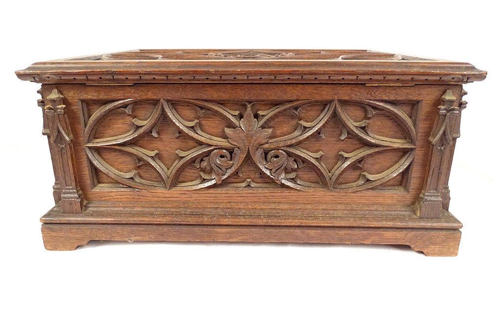 Gothic Carved Wood Box Coat Of Arms Of Vernou De Bonneuil 19th Century-photo-7