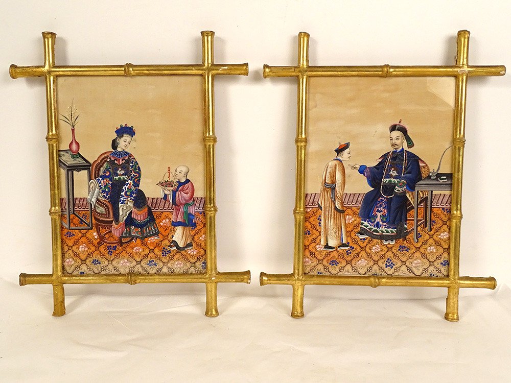 Pair Of Chinese Rice Paper Paintings Mandarin Characters Canton School 19th Century