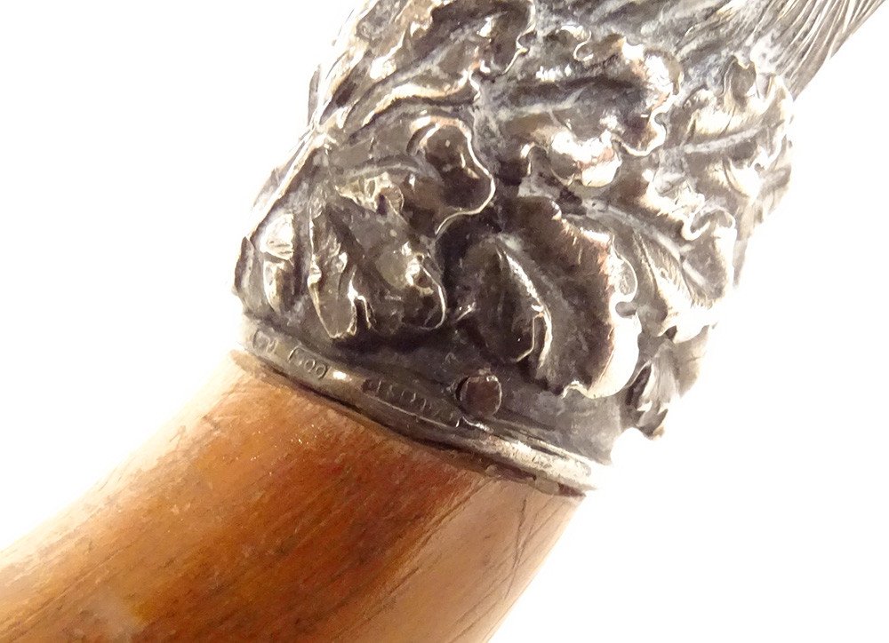 Antique Cane Solid Silver Knob Foreign Boar Head Bamboo 19th Century-photo-4