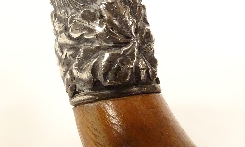 Antique Cane Solid Silver Knob Foreign Boar Head Bamboo 19th Century-photo-5