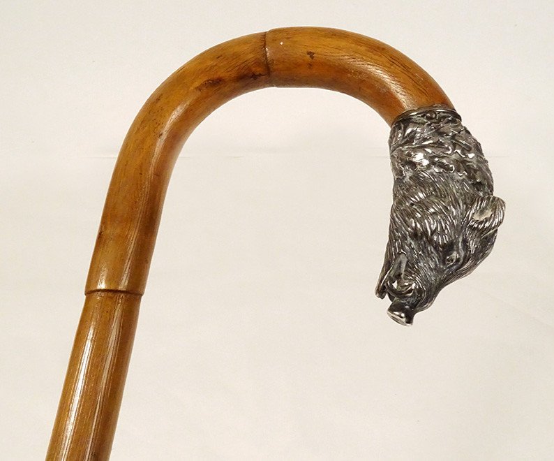 Antique Cane Solid Silver Knob Foreign Boar Head Bamboo 19th Century