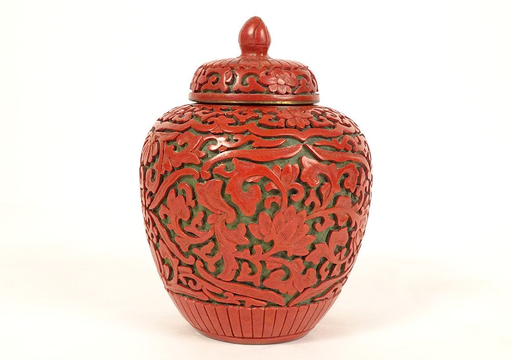 Small Chinese Covered Pot Cinnabar Lacquer China Flowers Early 20th Century-photo-2