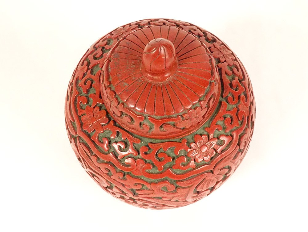 Small Chinese Covered Pot Cinnabar Lacquer China Flowers Early 20th Century-photo-4