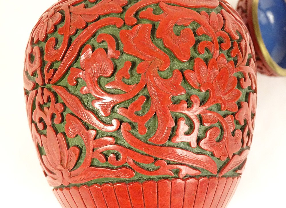 Small Chinese Covered Pot Cinnabar Lacquer China Flowers Early 20th Century-photo-3