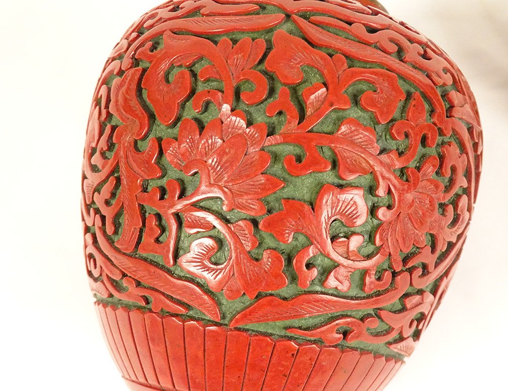 Small Chinese Covered Pot Cinnabar Lacquer China Flowers Early 20th Century-photo-4