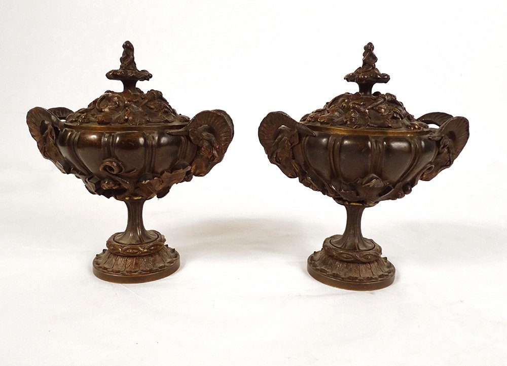 Pair Of Decorative Bronze Cassolettes Rams Heads Vine Napoleon III 19th Century