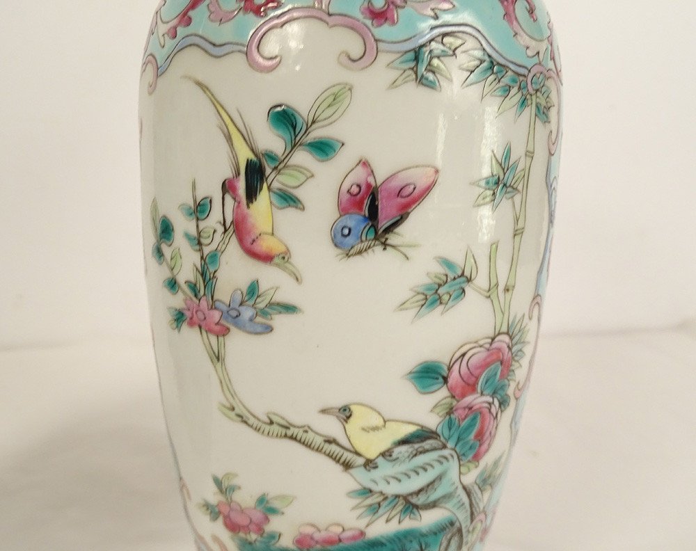 Paire Vases Balustres Porcelaine Chinoise Oiseaux Fleurs Double Cercle XIXè-photo-2