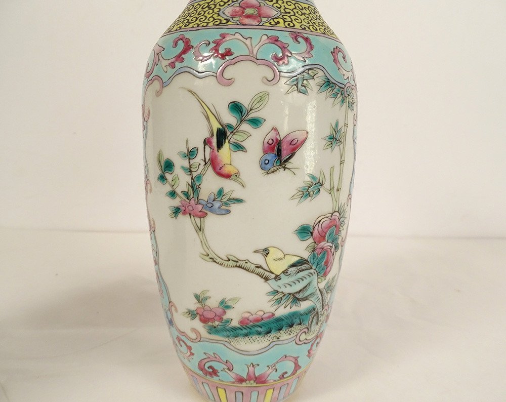 Paire Vases Balustres Porcelaine Chinoise Oiseaux Fleurs Double Cercle XIXè-photo-3