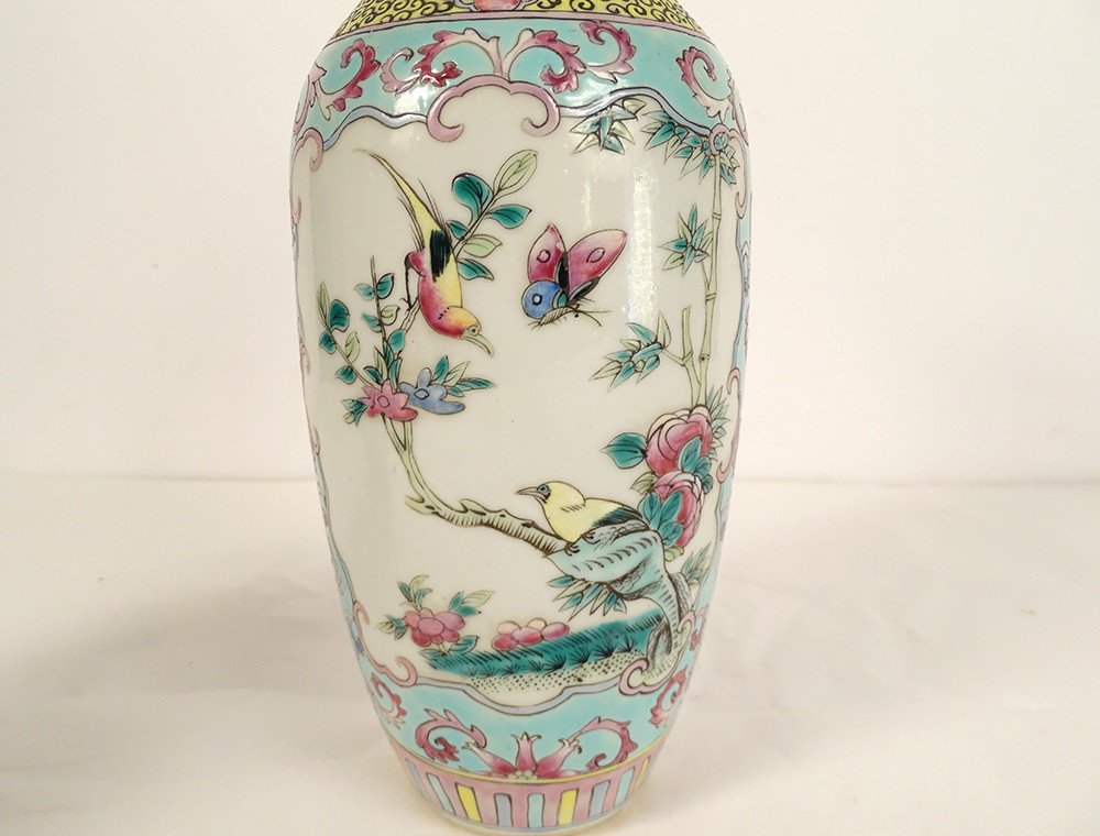 Paire Vases Balustres Porcelaine Chinoise Oiseaux Fleurs Double Cercle XIXè-photo-2