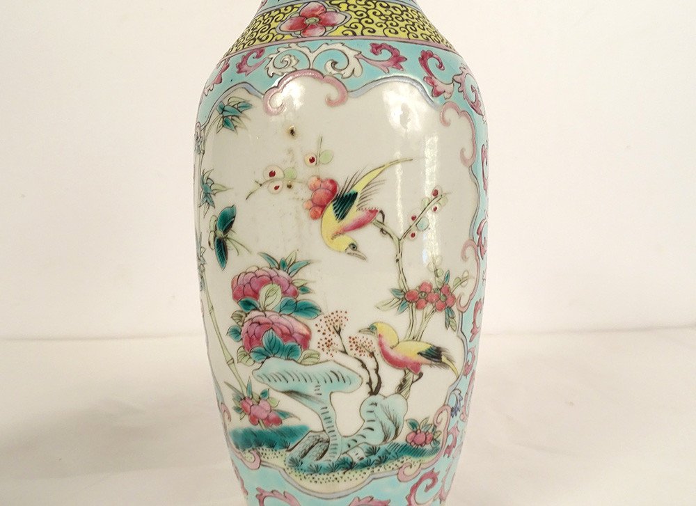 Paire Vases Balustres Porcelaine Chinoise Oiseaux Fleurs Double Cercle XIXè-photo-3