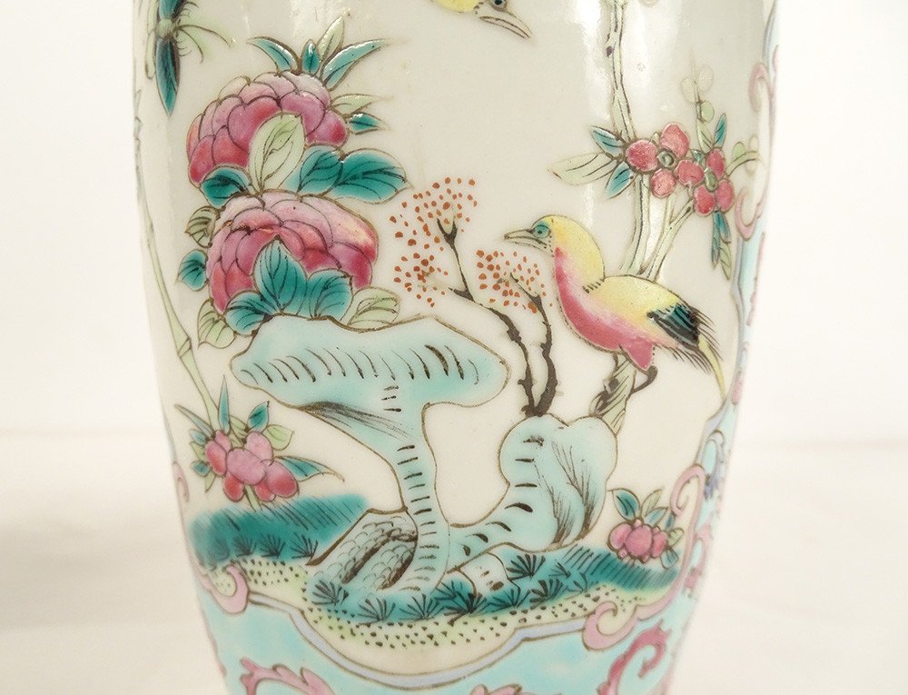 Paire Vases Balustres Porcelaine Chinoise Oiseaux Fleurs Double Cercle XIXè-photo-4