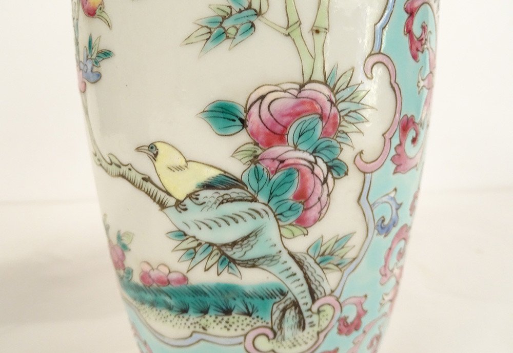 Paire Vases Balustres Porcelaine Chinoise Oiseaux Fleurs Double Cercle XIXè-photo-5