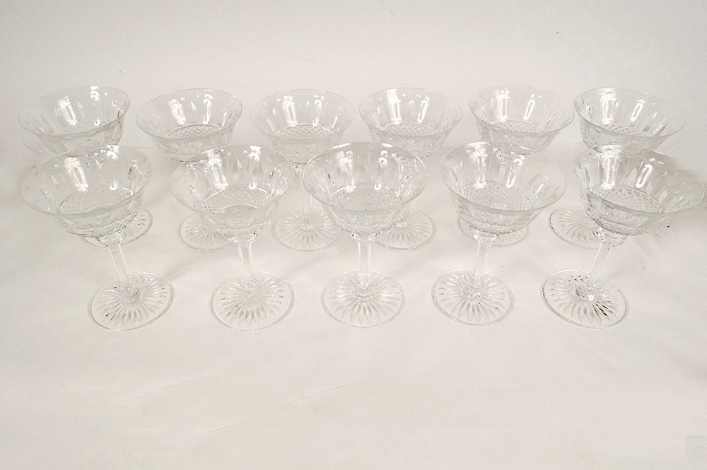 11 Saint-louis Crystal Champagne Glasses Tommy Model 20th Century