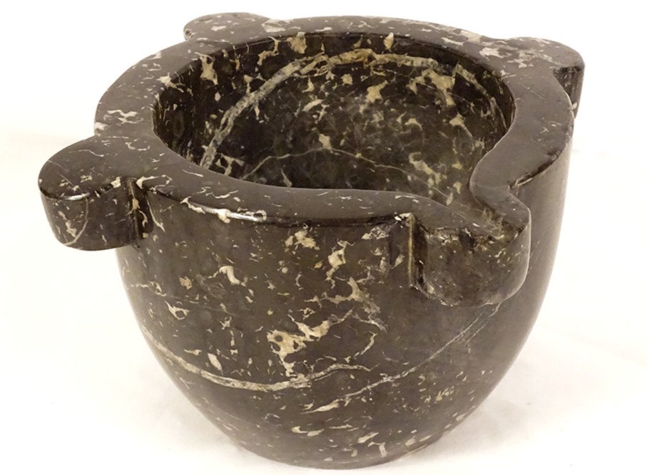 Apothecary Mortar With Ears In Black Veined Marble, 19th Century