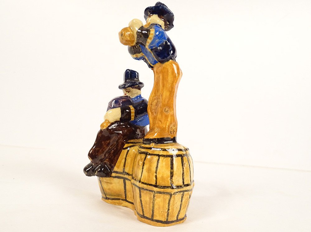 2 Breton Characters Biniou Quimper Earthenware Henriot Sévellec Barrel 20th Century-photo-2